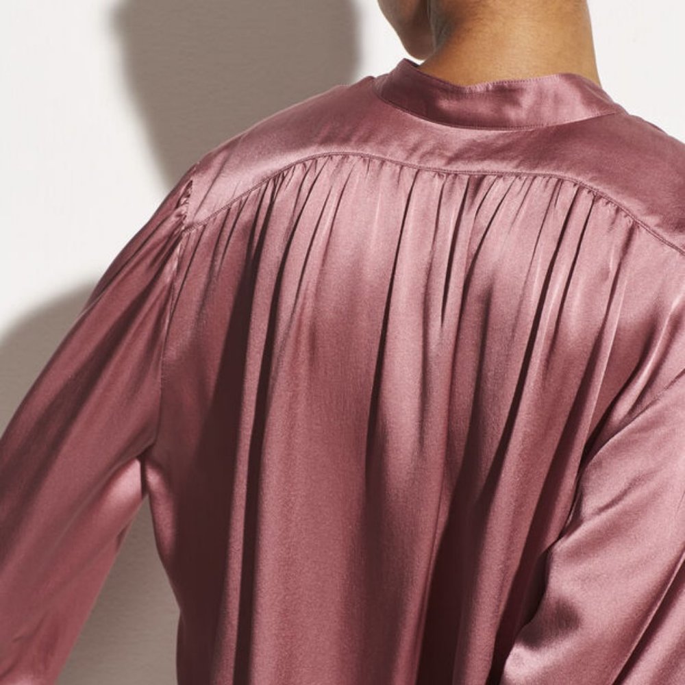 Vince Shirred Satin Band Collar Blouse